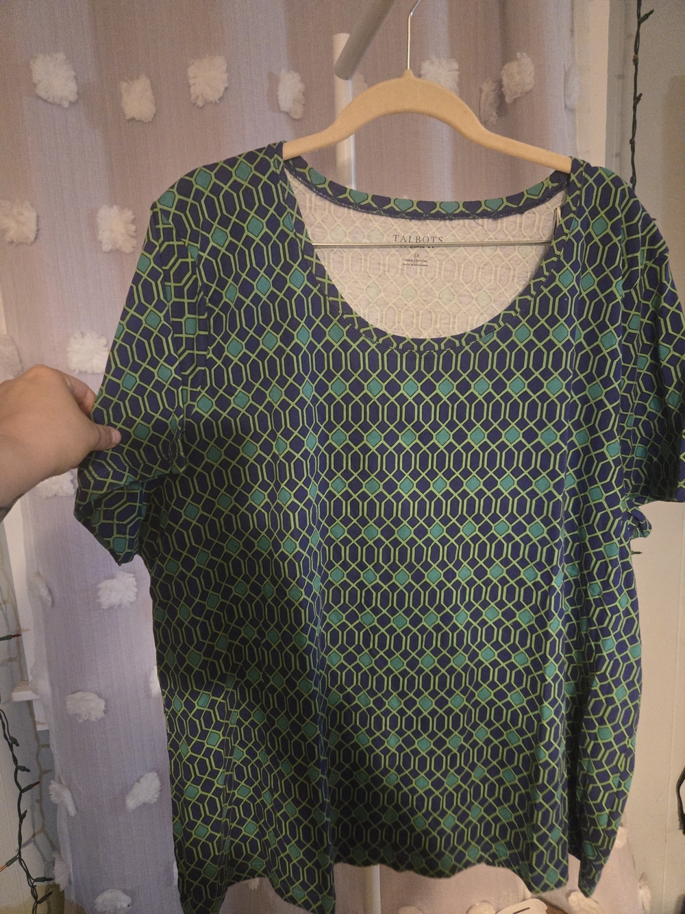 Talbots Woman 3X Geometric Print Cotton Top Navy Green NWOT
